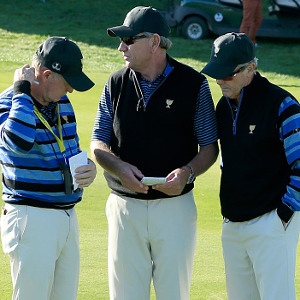 during the Friday four-ball matches at The Presidents Cup at Jack Nicklaus Golf Club Korea on October 9, 2015 in Songdo IBD, Incheon City, South Korea
